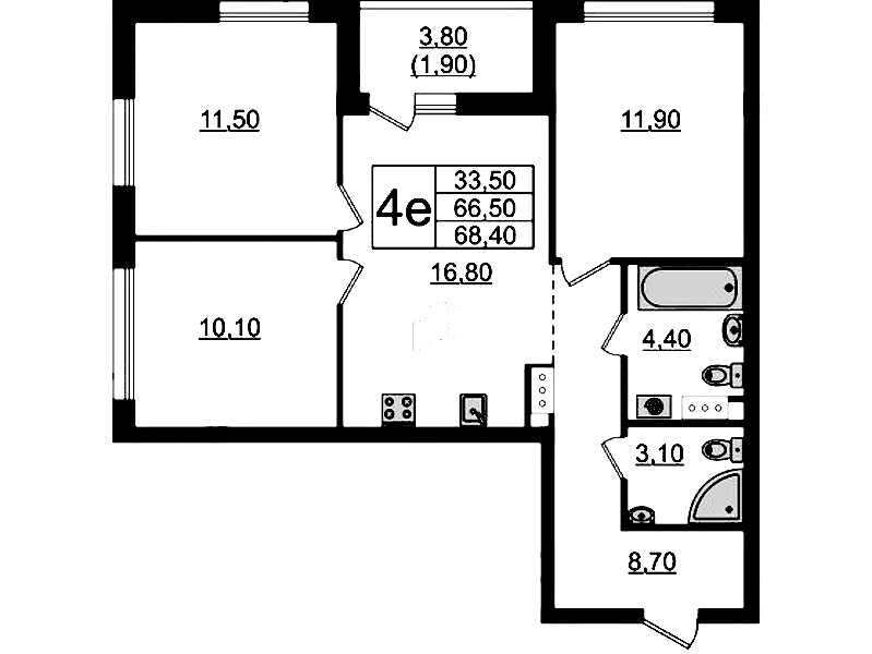 3-комнатная квартира 68.4 м², 4/9 эт., ЖК «А101 Лаголово»